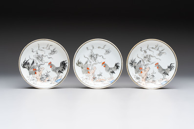 Five Chinese grisaille and iron-red-decorated cups and six saucers with fighting roosters, Yongzheng