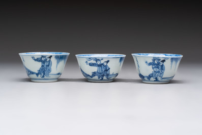 Six Chinese blue and white cups and ten saucers, Kangxi