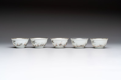 Five Chinese grisaille and iron-red-decorated cups and six saucers with fighting roosters, Yongzheng