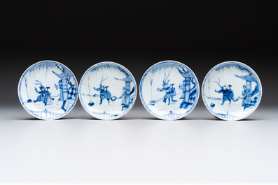 Six Chinese blue and white cups and ten saucers, Kangxi