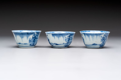 Six Chinese blue and white cups and ten saucers, Kangxi