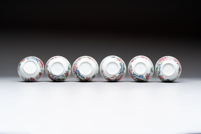 A set of six Chinese famille rose 'peacock' cups and saucers, Yongzheng