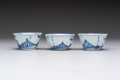 Six Chinese blue and white cups and ten saucers, Kangxi