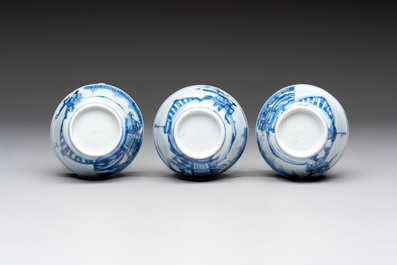 Six Chinese blue and white cups and ten saucers, Kangxi