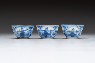Six Chinese blue and white cups and ten saucers, Kangxi