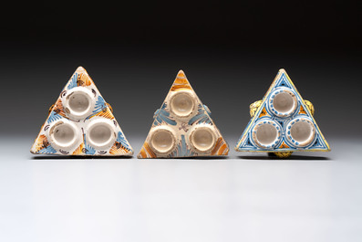 A collection of six polychrome Spanish triangular spice boxes, Talavera, 18th C.