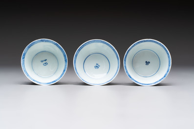 Six Chinese blue and white cups and ten saucers, Kangxi