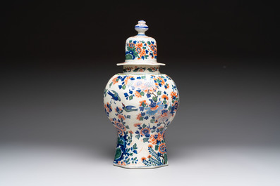 A Dutch delft cashmere palette vase and cover with birds among flowering branches, ca. 1700