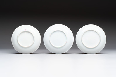 A set of six Chinese famille rose 'peacock' cups and saucers, Yongzheng