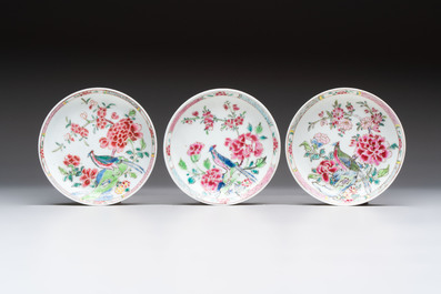 A set of six Chinese famille rose 'peacock' cups and saucers, Yongzheng