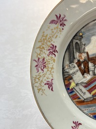 A rare Chinese famille rose 'Brussels Clothtraders' plate, Qianlong, ca. 1740-1750