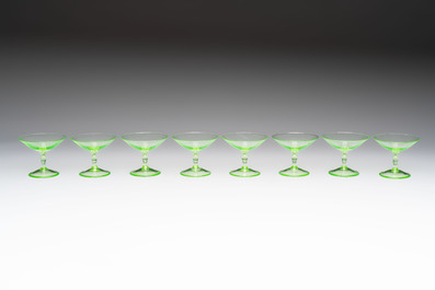 A.D. Copier (1901-1991): a set of eight and a set of four liquor glasses, etched marked, Glasfabriek Leerdam, ca. 1930