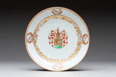 Two Chinese armorial plates and a saucer with the arms of Zur Megede, Rhenius and Chute, Qianlong