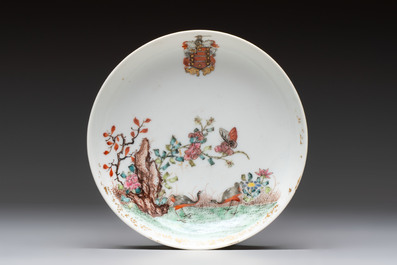 Two Chinese armorial plates and a saucer with the arms of Zur Megede, Rhenius and Chute, Qianlong