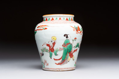 A small Chinese wucai jar with ladies and boys in a landscape, Transitional period