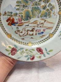 A Chinese famille rose plate depicting a scene from a fable by La Fontaine and a 'Shepherds' plate, Qianlong