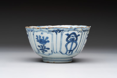 Five Chinese blue and white 'kraak' and 'kraak'-style plates, a saucer and a bowl, Ming/Qing