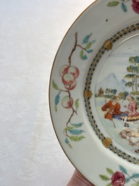 A Chinese famille rose plate depicting a scene from a fable by La Fontaine and a 'Shepherds' plate, Qianlong