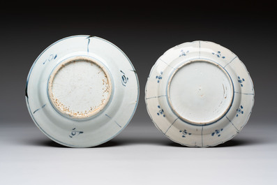 Five Chinese blue and white 'kraak' and 'kraak'-style plates, a saucer and a bowl, Ming/Qing