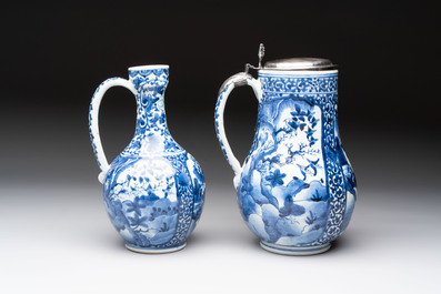 A Japanese Arita blue and white jug and a silver-mounted tankard, Edo, 17/18th C.