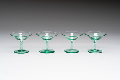 A.D. Copier (1901-1991): a set of eight and a set of four liquor glasses, etched marked, Glasfabriek Leerdam, ca. 1930