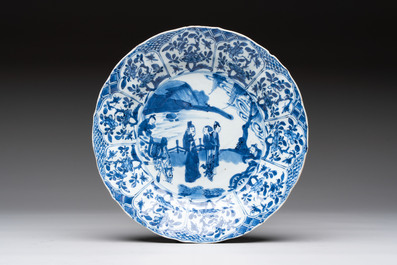Three Chinese blue and white dishes with figural design, Kangxi