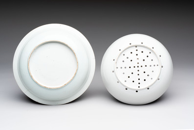 Seven Chinese blue and white plates and dishes with floral design, 18th C.