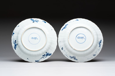 Three Chinese blue and white dishes with figural design, Kangxi