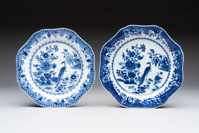 Seven Chinese blue and white plates and dishes with floral design, 18th C.