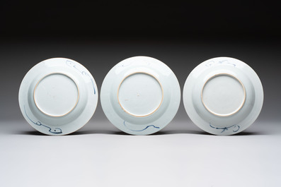 Five Chinese blue and white 'kraak' and 'kraak'-style plates, a saucer and a bowl, Ming/Qing