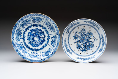 Seven Chinese blue and white plates and dishes with floral design, 18th C.