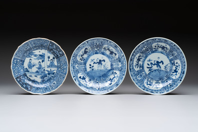 Nine Chinese blue and white plates with figural design, 18th C.