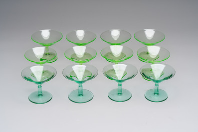 A.D. Copier (1901-1991): a set of eight and a set of four liquor glasses, etched marked, Glasfabriek Leerdam, ca. 1930