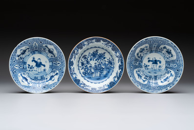 Nine Chinese blue and white plates with figural design, 18th C.