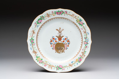 Two Chinese armorial plates and a saucer with the arms of Zur Megede, Rhenius and Chute, Qianlong