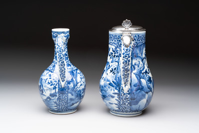 A Japanese Arita blue and white jug and a silver-mounted tankard, Edo, 17/18th C.