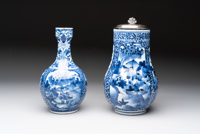 A Japanese Arita blue and white jug and a silver-mounted tankard, Edo, 17/18th C.