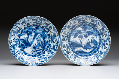 Three Chinese blue and white dishes with figural design, Kangxi