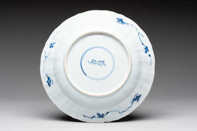 Three Chinese blue and white dishes with figural design, Kangxi