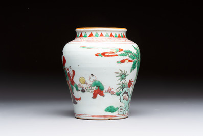 A small Chinese wucai jar with ladies and boys in a landscape, Transitional period
