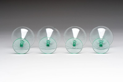 A.D. Copier (1901-1991): a set of eight and a set of four liquor glasses, etched marked, Glasfabriek Leerdam, ca. 1930