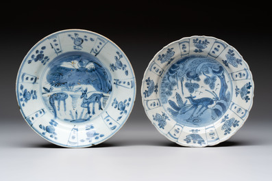 Five Chinese blue and white 'kraak' and 'kraak'-style plates, a saucer and a bowl, Ming/Qing