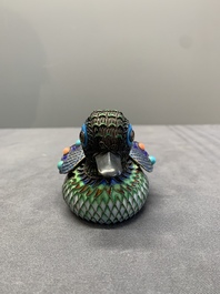 Two Chinese enamelled filigree silver mandarin duck-form boxes and covers inset with precious stones, 19/20th C.