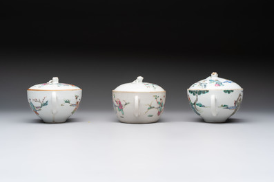 Three Chinese famille rose covered teapots and a warming bowl, Tongzhi, Guangxu and L&uuml; Zhi Xiang Zhi 呂芷薌製 marks, 19th C.