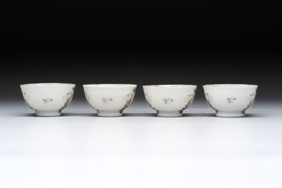Four Chinese grisaille and gilt-decorated monogrammed cups and saucers, Qianlong, dated 1778