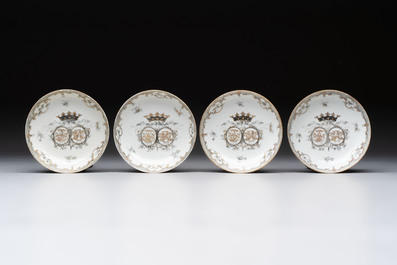 Four Chinese grisaille and gilt-decorated monogrammed cups and saucers, Qianlong, dated 1778