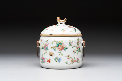 Three Chinese famille rose covered teapots and a warming bowl, Tongzhi, Guangxu and L&uuml; Zhi Xiang Zhi 呂芷薌製 marks, 19th C.