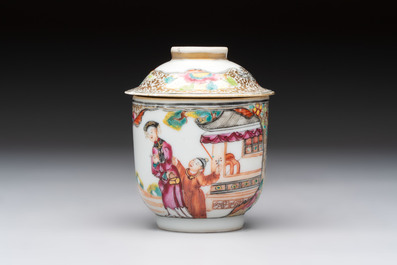 A Chinese Canton famille rose gilt-decorated covered cup and saucer, Qianlong