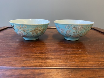 A pair of Chinese grisaille turquoise-ground 'Da Ya Zhai 大雅齋' bowls, Yong Qing Chang Chun 永慶長春 mark, Guangxu