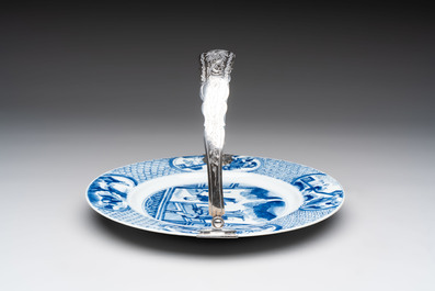 A Chinese blue and white 'Xi Xiang Ji' dish with silver mount, Kangxi mark and of the period